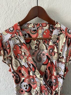 Tahari Coral and Cream Paisley Wrap Blouse Vintage Print